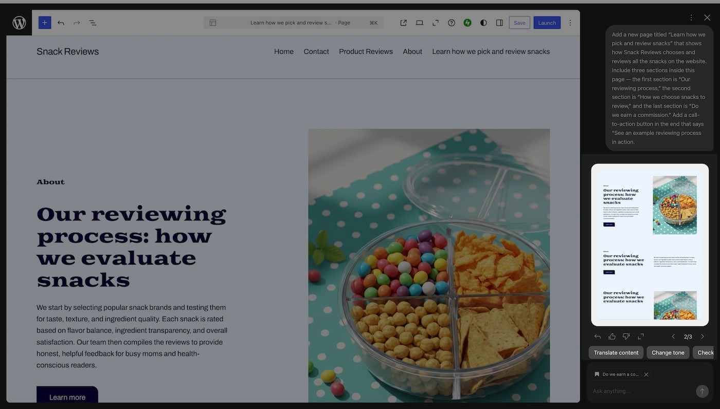 Using a prompt to add a new page in the AI website builder