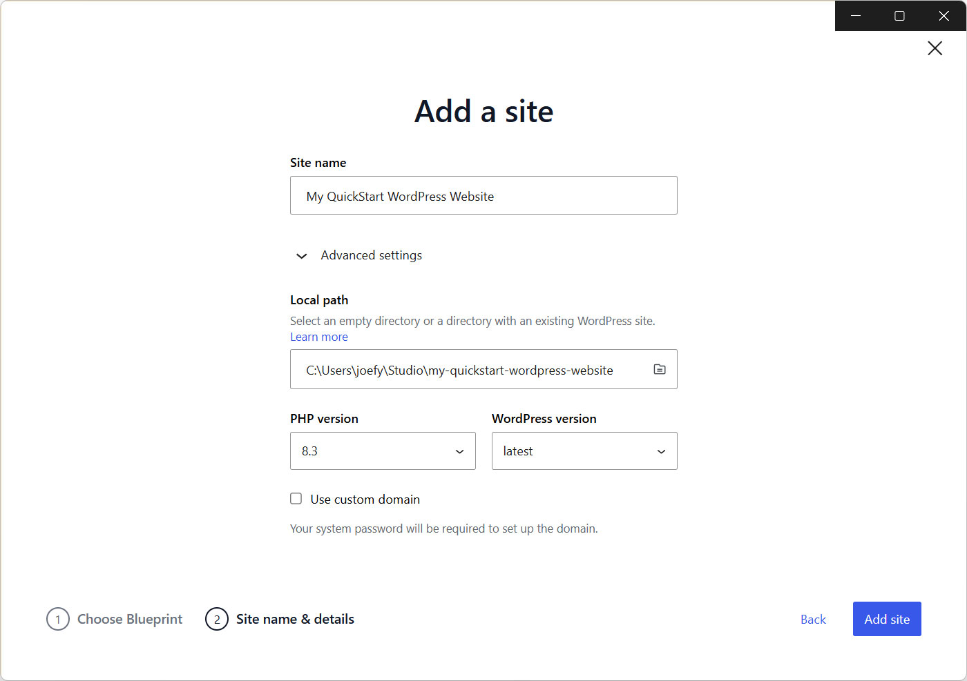 Create a new local site in WordPress Studio