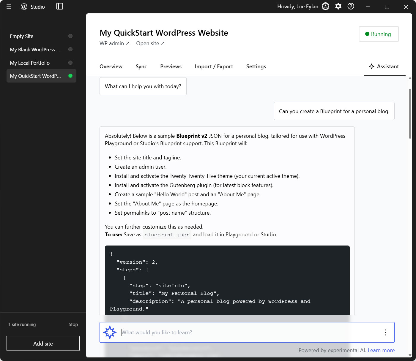 Using the WordPress Studio AI assistant to create a Blueprint.