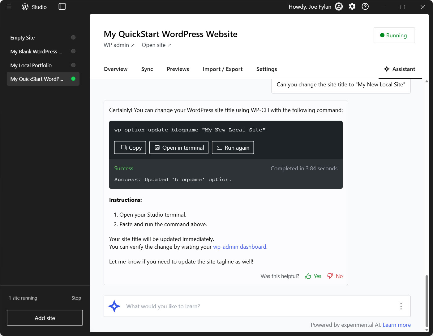 Editing a local site in WordPress Studio using the AI-powered Assistant