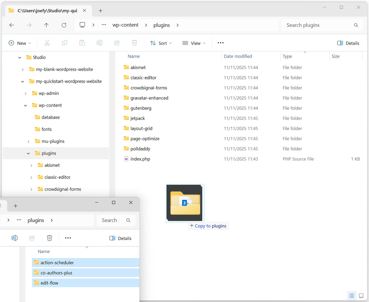 Drag and drop plugin files into the local WordPress site folders