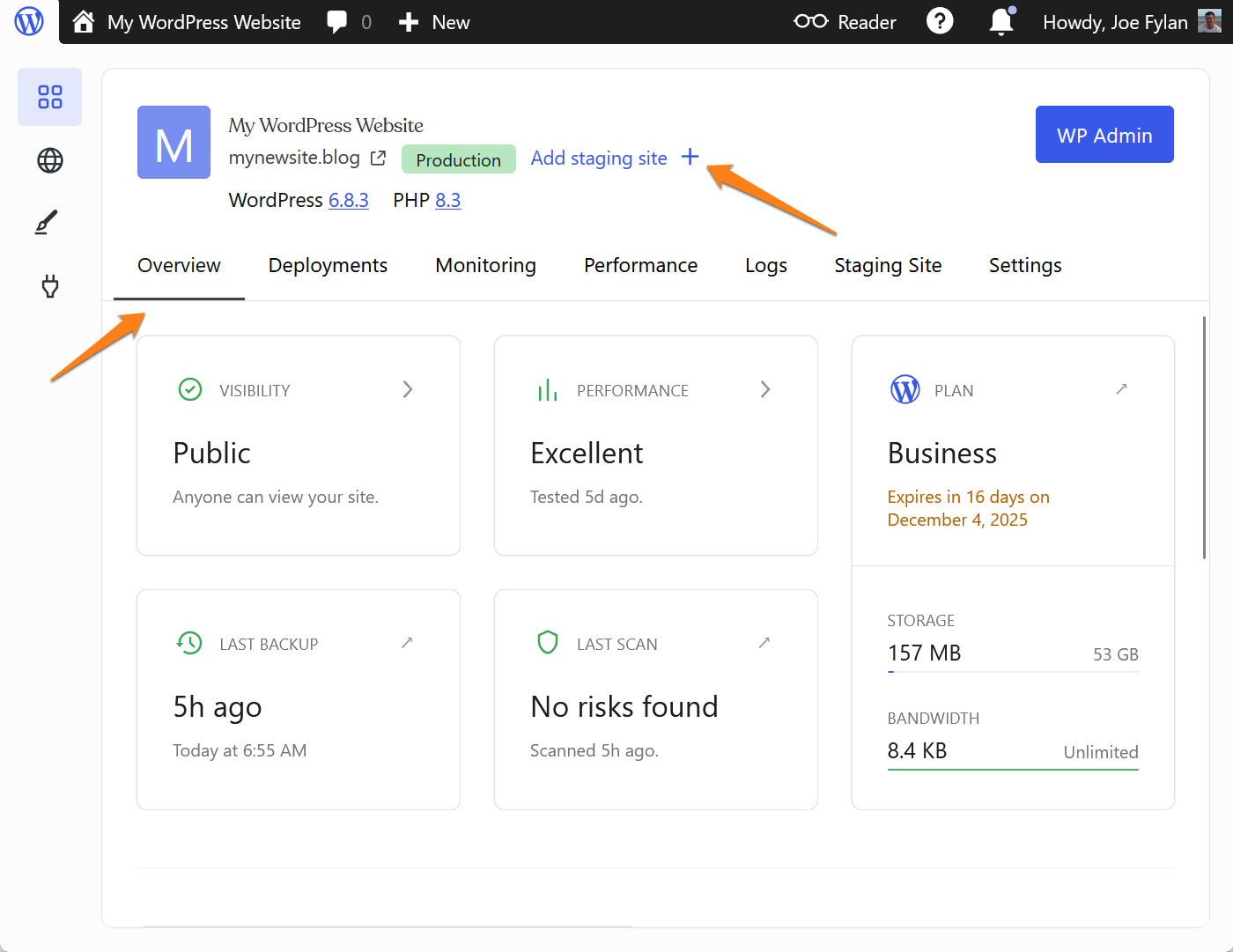 WordPress.com hosting site Overview tab