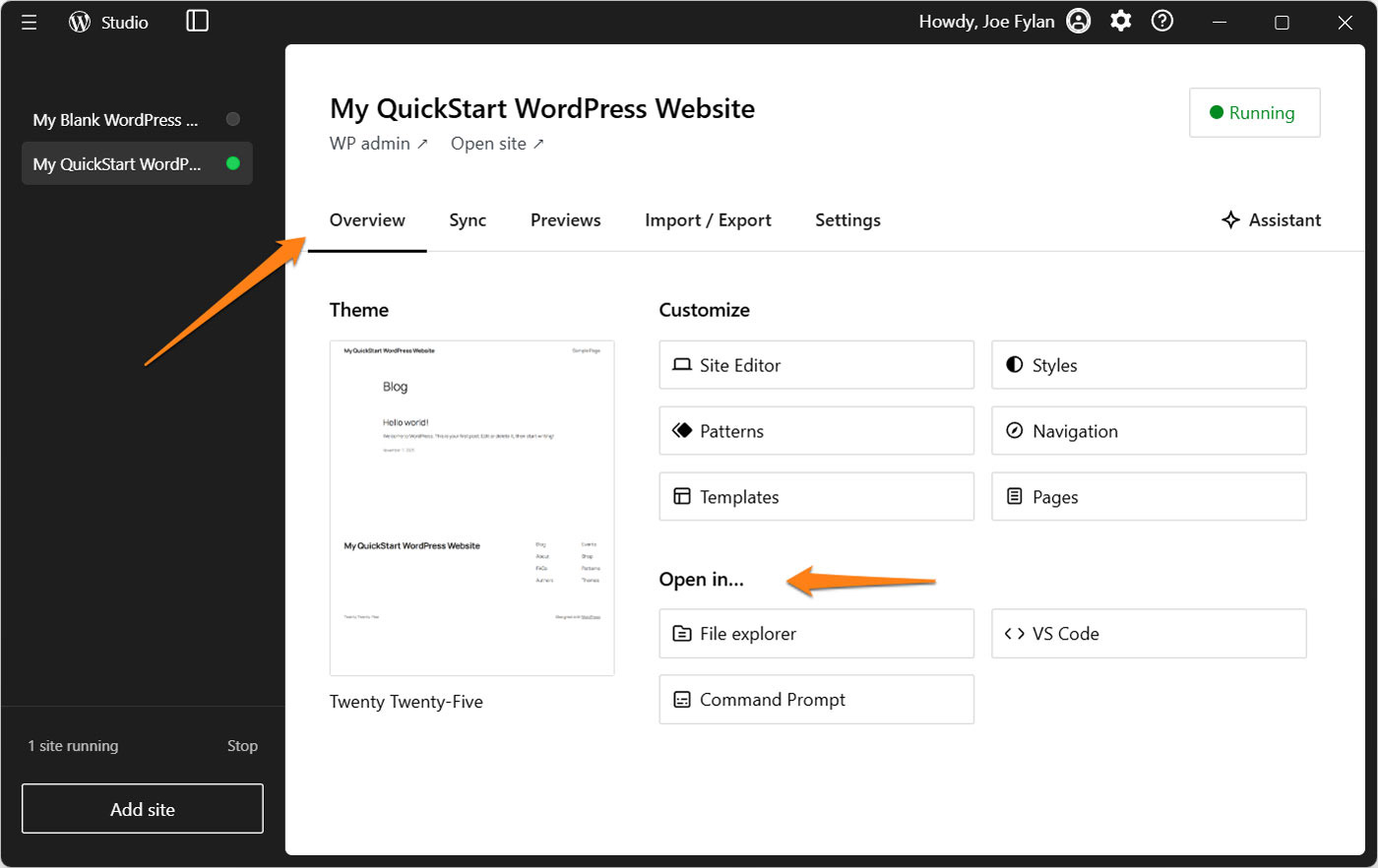 WordPress Studio Overview tab