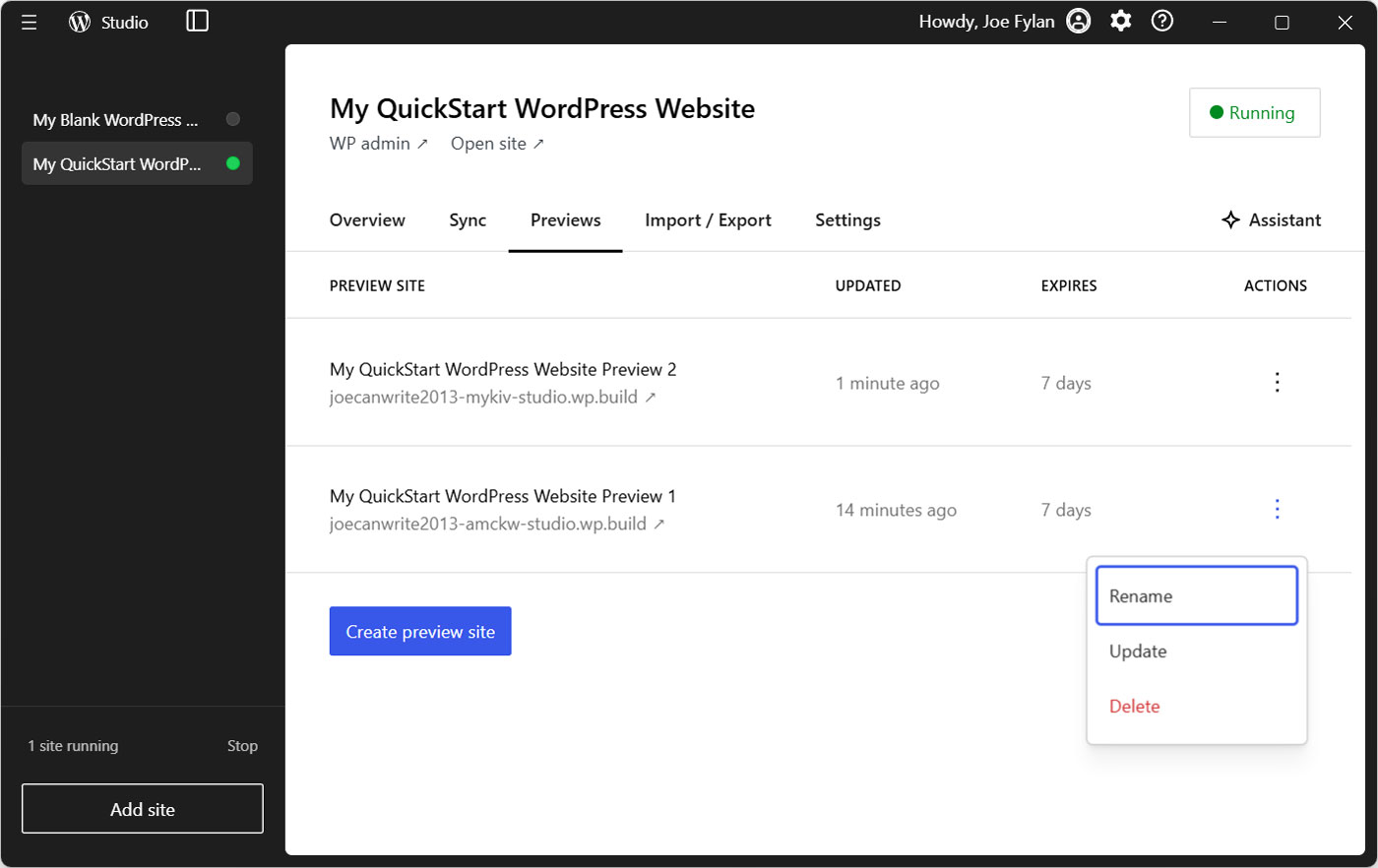 Managing mulitple client site previews in WordPress Studio