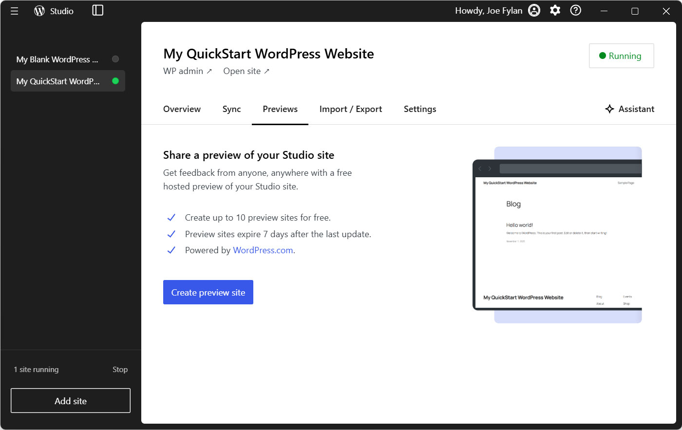 Sharing a preview of a local WordPress site created in Studio