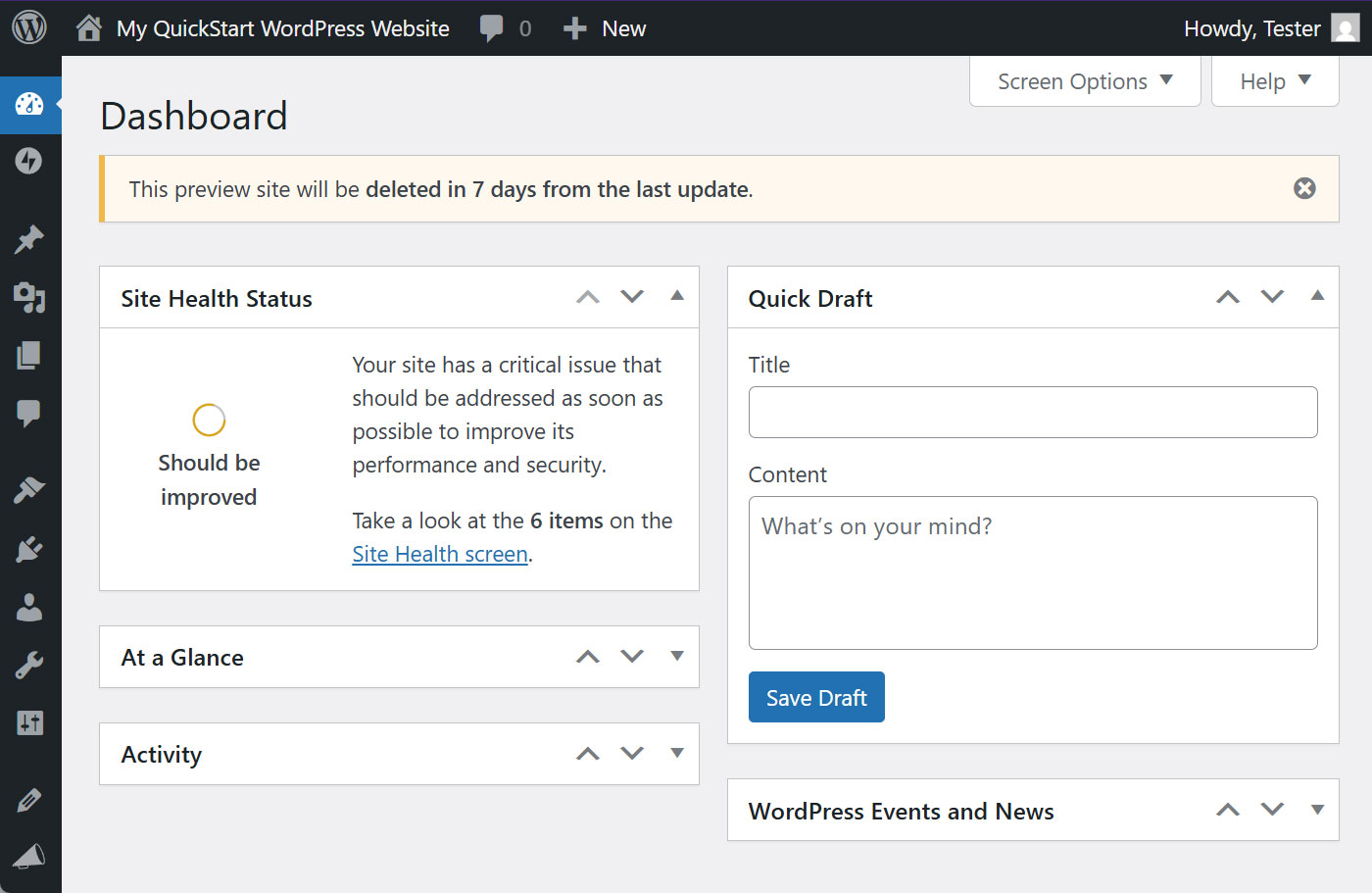 Previewing WP Admin of a local site created in WordPress Studio