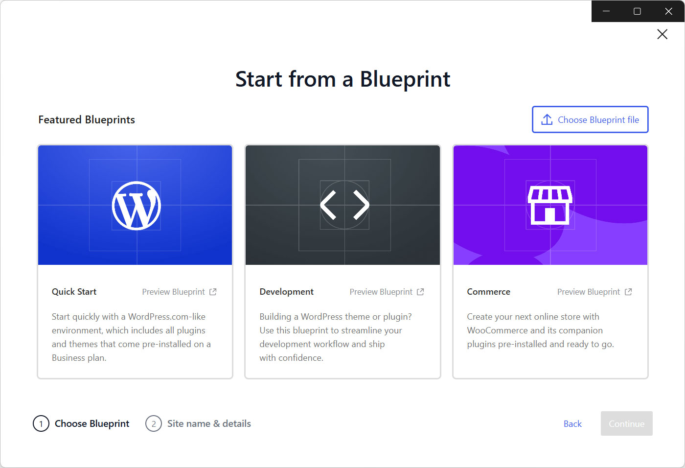 WordPress Studio "Start from a Blueprint" option screen.