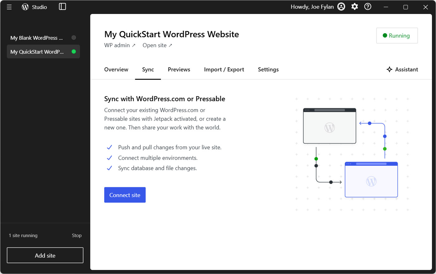 Sync tab of WordPress Studio