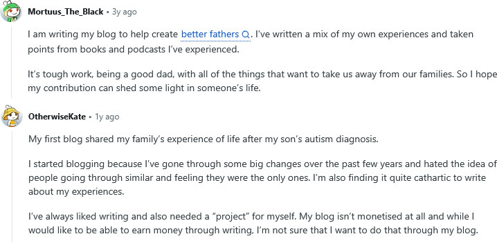 Reddit thread about the value of blogging