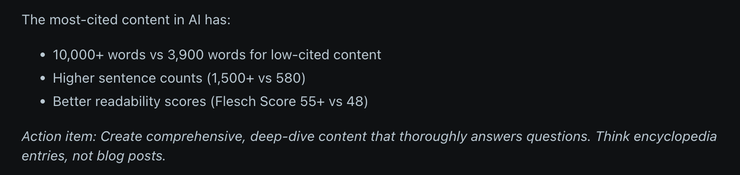 Screenshot of a study on Reddit showing most-cited AI content has 10,000+ words, higher sentence counts, and better readability scores than low-cited content.