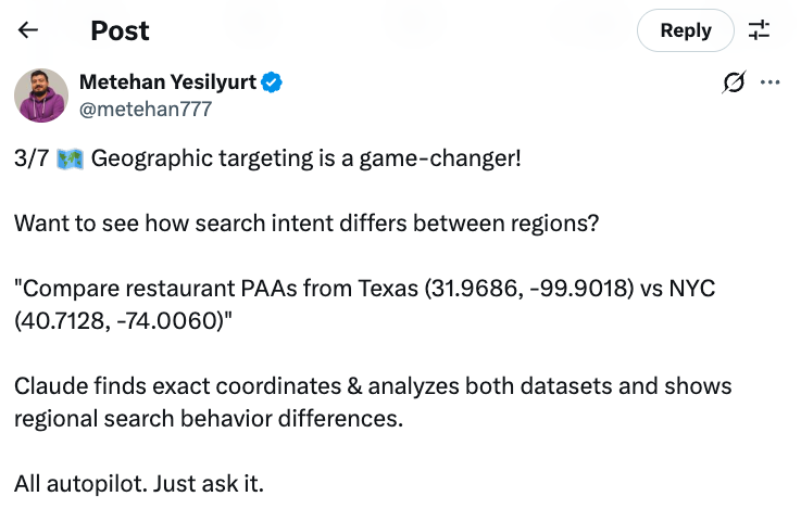 Screenshot of a Twitter post by Metehan Yesilyurt describing Claude AI's geographic targeting feature for comparing restaurant data between Texas and NYC coordinates.