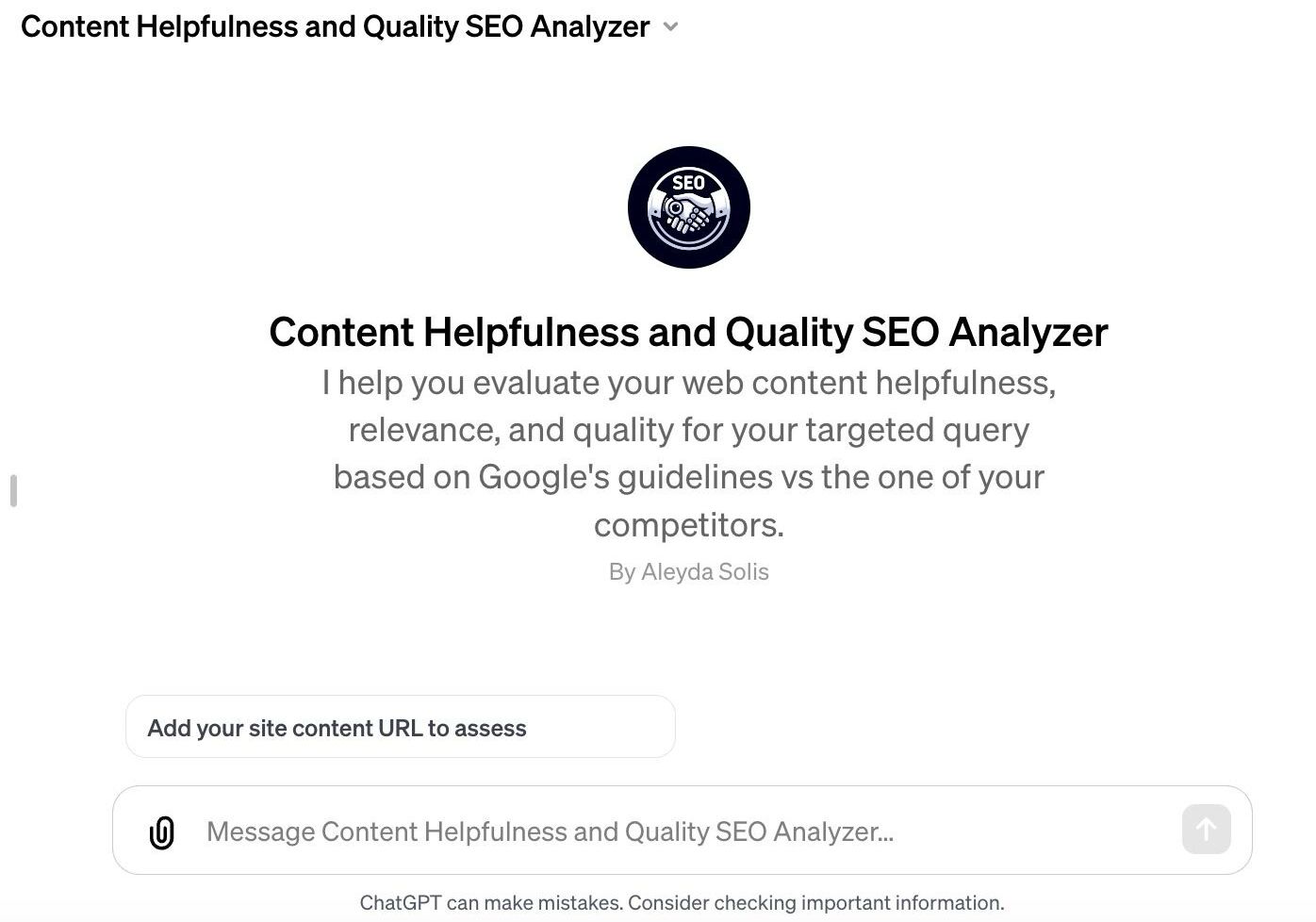 Screenshot of Content Helpfulness and Quality SEO Analyzer tool interface with URL input field and chat message box