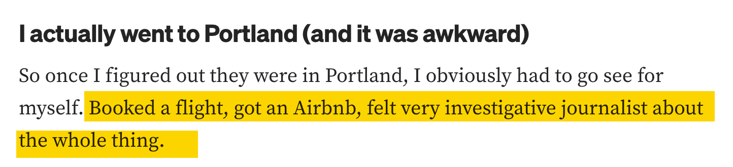 Text from a blog post, "I actually went to Portland (and it was awkward)", with sections highlighted in yellow.