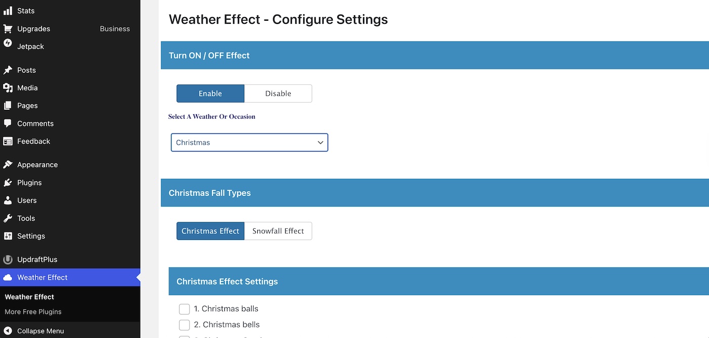 Using the weather effect WordPress holiday plugin