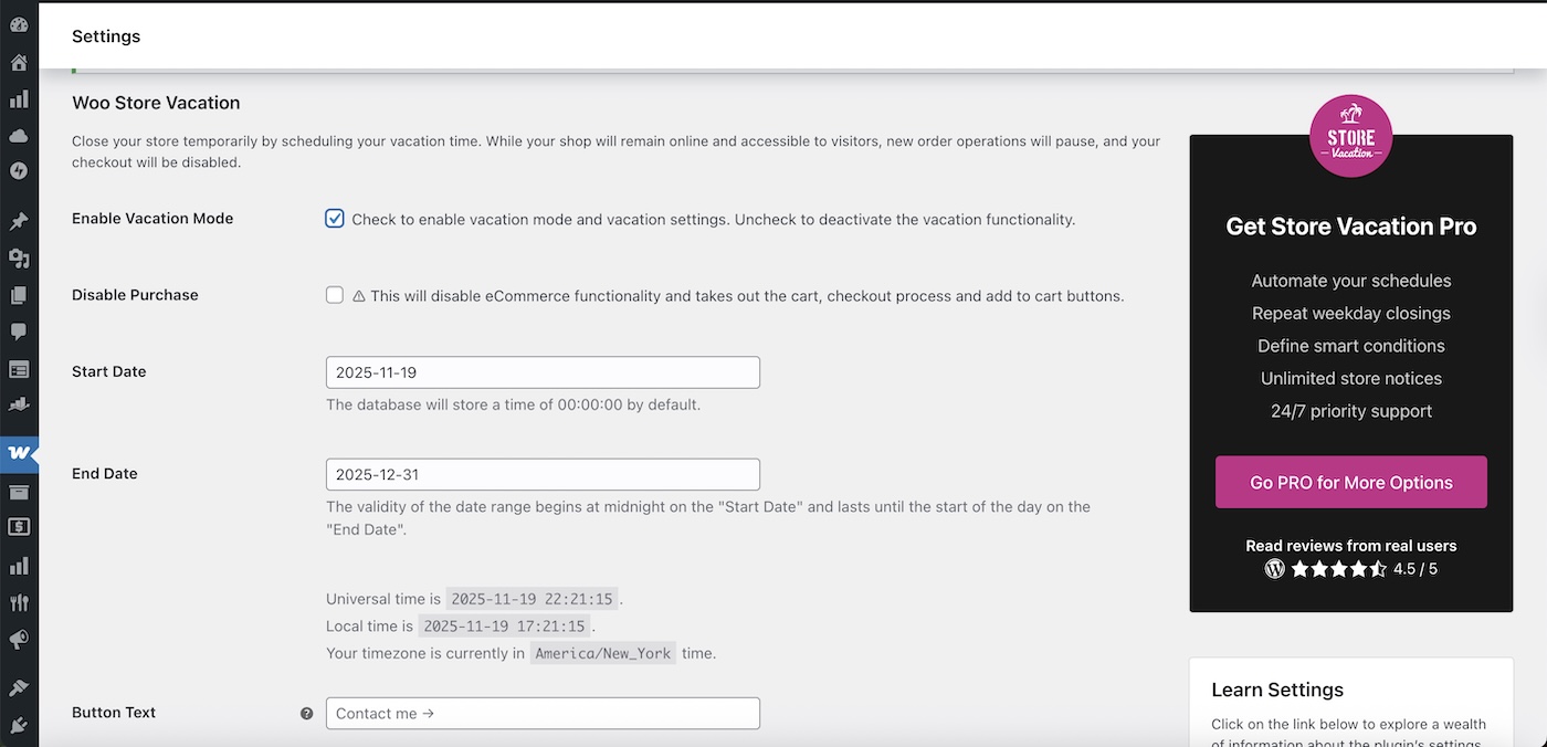 Using the Woo Store Vacation plugin