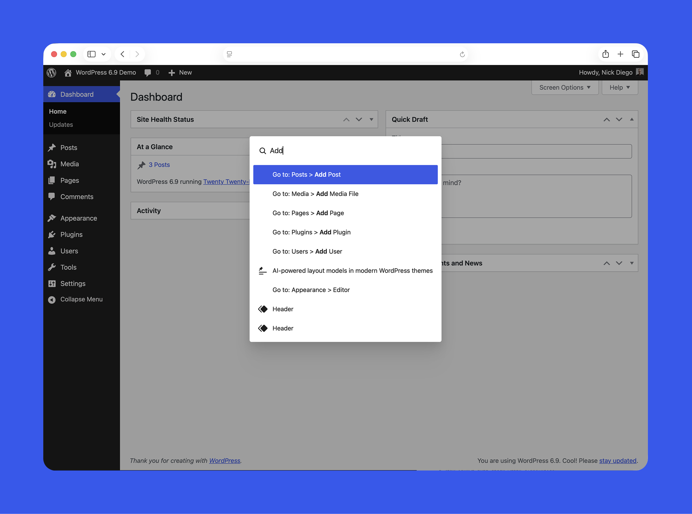 Dashboard-wide Command Palette in WordPress 6.9