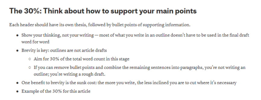 Writing guide titled "The 30%: Think about how to support your main points" with instructional bullet points about creating brief outlines.